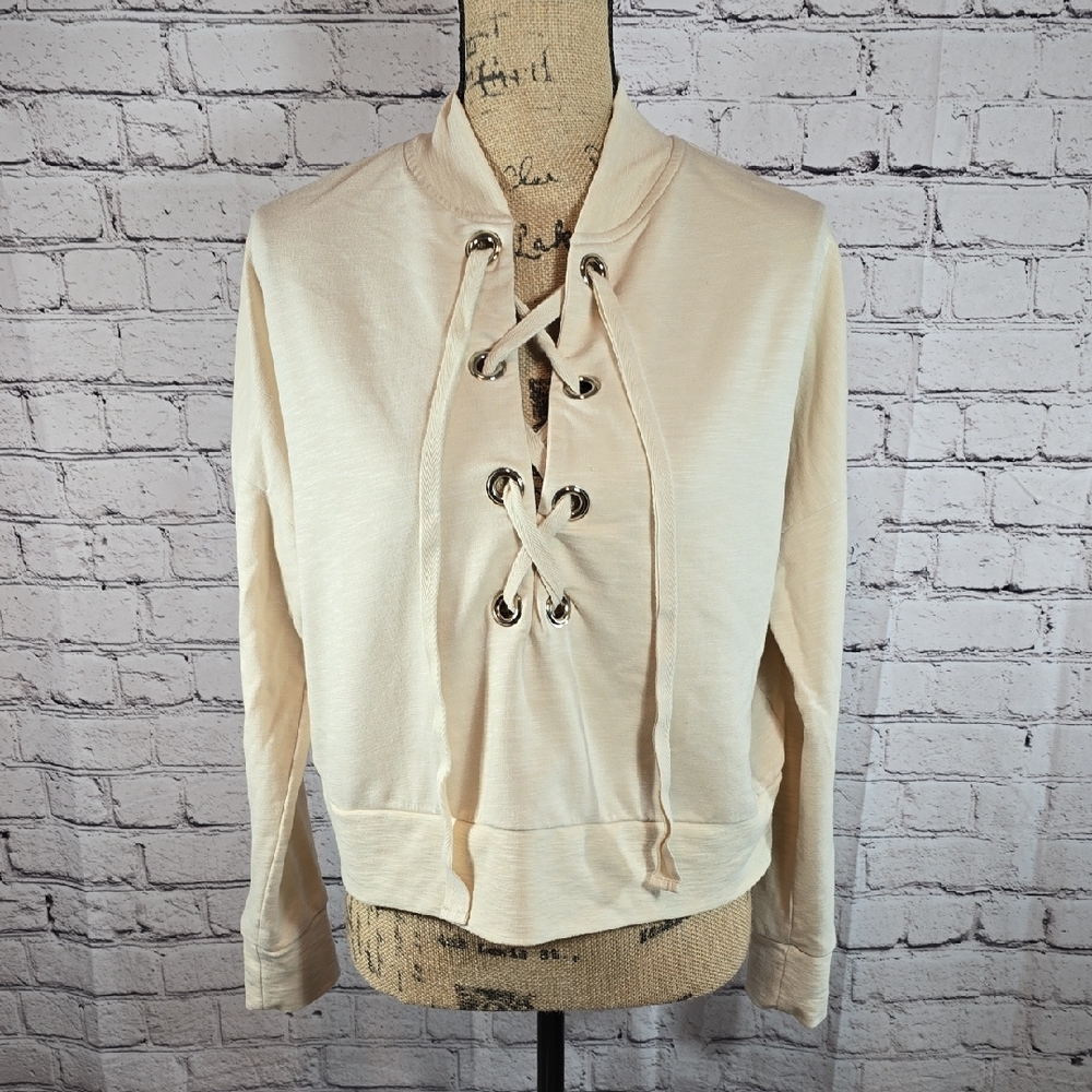 Gabrielle Union Cream Lace--Up Cropped Long Sleeve Top Size L